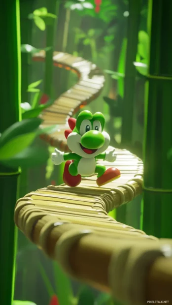 Yoshi smiles as he drifts along a spiraling bamboo trail in a vertical jungle stage.