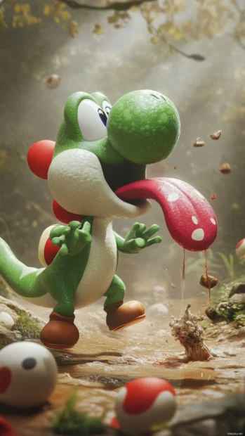 Yoshi swallowing a foe with his long tongue, a playful Super Mario action.