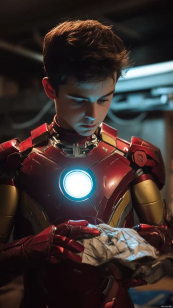 Young Tony Stark building the first Iron Man suit.