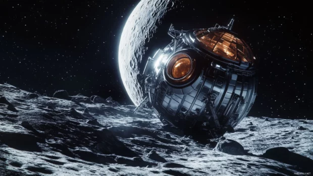 Zero gravity laboratory floating beside the moon.