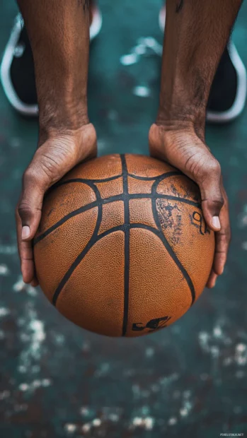 Zoomed in basketball grip showing hands and intense court texture.