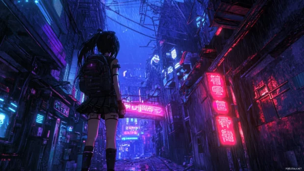 anime cyberpunk girl wallpaper featuring a girl standing in neon lit alley.
