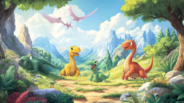 cute cartoon kids wallpaper featuring friendly dinosaurs playing in a sunny valley.