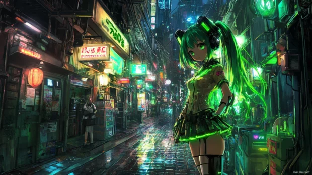 cyberpunk anime wallpaper featuring a girl standing in neon lit alley.