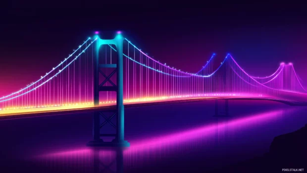 futuristic neon lit bridge with glowing railings and vibrant color gradients, Vector illustration.