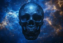  haunting black skull with swirling shadows, surrounded by delicate black roses, creating a gothic, romantic effect.
