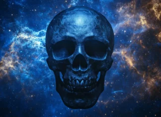  haunting black skull with swirling shadows, surrounded by delicate black roses, creating a gothic, romantic effect.