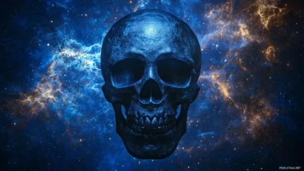  haunting black skull with swirling shadows, surrounded by delicate black roses, creating a gothic, romantic effect.