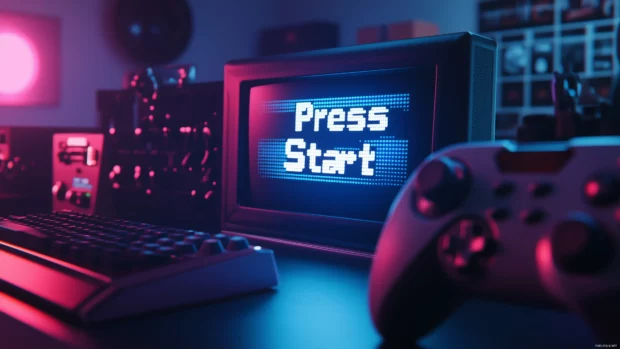 heroes in a classic side scrolling battle scene, highlighted by vibrant neon details.