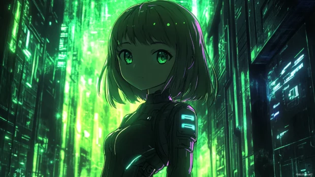 high resolution cyberpunk anime wallpaper featuring a girl standing in neon lit alley.