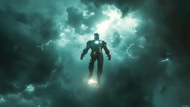 high resolution iron man wallpaper featuring Iron Man hovering under a stormy sky with glowing arc reactor.