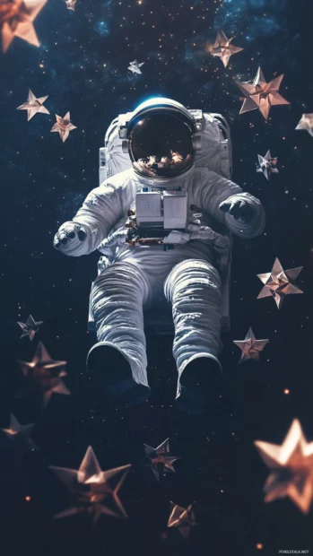 iPhone wallpaper featuring an astronaut surrounded by floating origami stars in zero gravity.