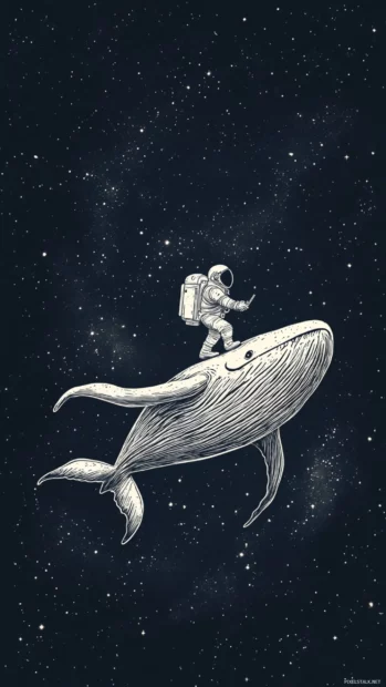 iPhone wallpaper showing a tiny astronaut walking on the back of a space whale.