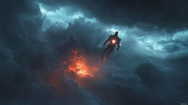 iron man in battle wallpaper featuring Iron Man hovering under a stormy sky with glowing arc reactor.