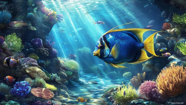 n angelfish with shimmering blue and yellow hues, elegantly navigating around sea anemones and rocks, with sunlight streaming down from above.