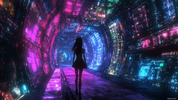 neon anime cyberpunk wallpaper featuring a girl standing in neon lit alley.