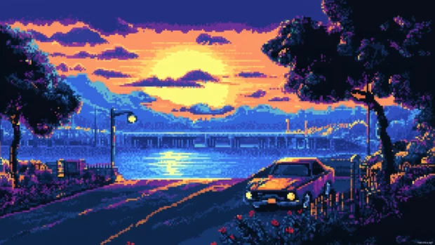 nostalgic wallpaper of a retro racing game with pixelated cars speeding on a neon lit highway under a glowing sunset.