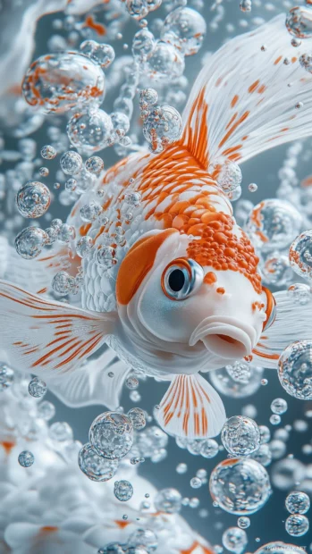 whimsical scene vibrant orange and white goldfish swimming gracefully clear water surrounded by bubbles and subtle reflections.