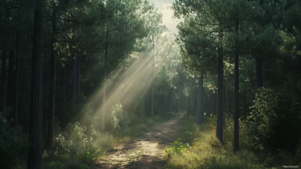 1440p wallpaper with Peaceful forest path surrounded by tall pine trees and soft rays of sunlight filtering through the canopy capturing nature's serenity.