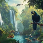 2560x1440 desktop wallpaper HD with Dense tropical rainforest with diverse wildlife and rich foliage symbolizing nature biodiversity.