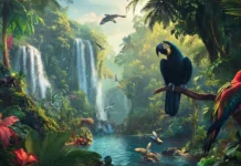 2560x1440 desktop wallpaper HD with Dense tropical rainforest with diverse wildlife and rich foliage symbolizing nature biodiversity.