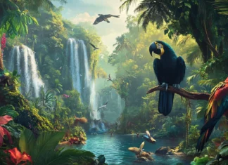 2560x1440 desktop wallpaper HD with Dense tropical rainforest with diverse wildlife and rich foliage symbolizing nature biodiversity.