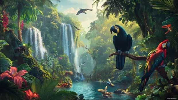 2560x1440 desktop wallpaper HD with Dense tropical rainforest with diverse wildlife and rich foliage symbolizing nature biodiversity.