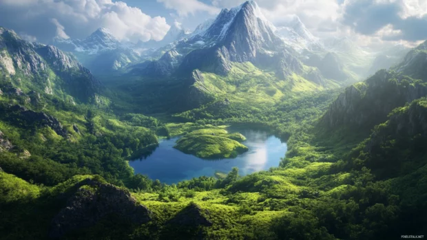 2560x1440 desktop wallpaper with breathtaking mountain landscape with lush greenery and crystal clear lakes inspired by nature photography.