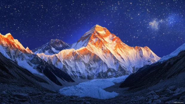 2560x1440 wallpaper 2K with Snow capped mountain peaks under a starlit sky revealing the untouched essence of nature.