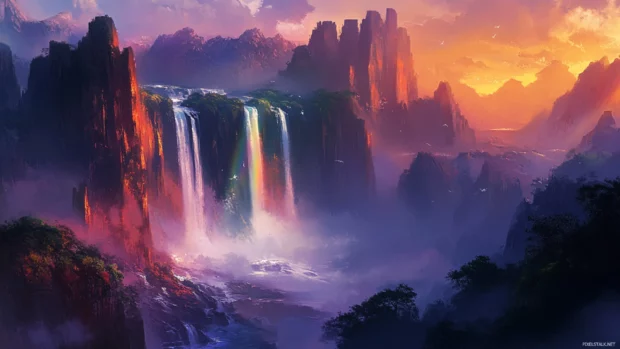 2560x1440 wallpaper with Majestic waterfall cascading over rugged cliffs with vibrant rainbow mist highlighting nature wonders.