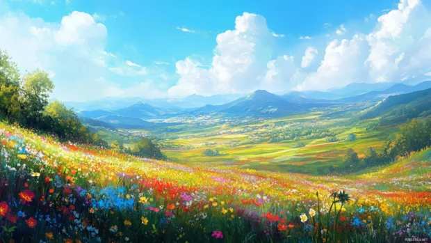 2560x1440 wallpaper with Wildflower meadow blooming with vivid colors under a bright blue sky showcasing nature vibrancy.