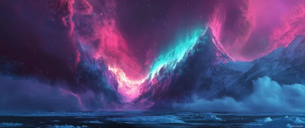 3440x1440 ultra wide capture of a glowing aurora dancing across icy arctic landscapes.