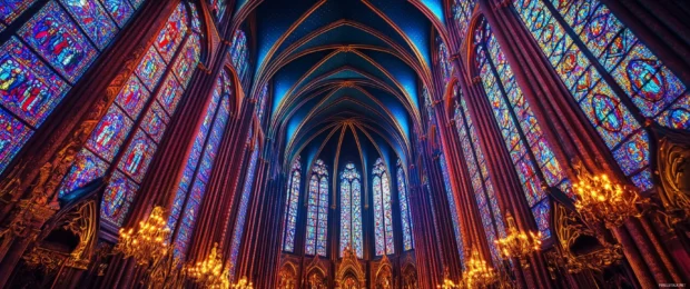 3440x1440 ultra wide frame of a grand cathedral interior bathed in stained glass light.