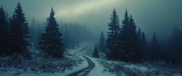 3440x1440 ultra wide landscape of a snowy mountain trail winding through pine forests under northern lights.