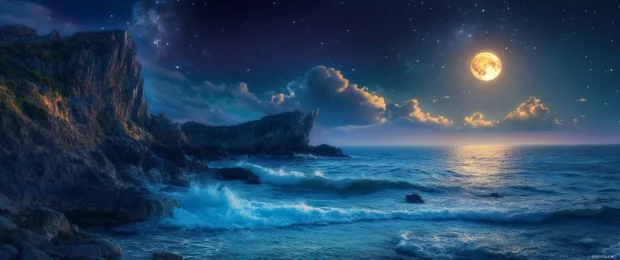 3440x1440 ultra wide panorama of a coastal cliff with waves crashing below under a glowing moon.
