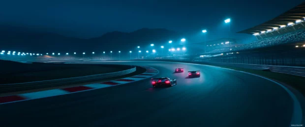 3440x1440 ultra wide shot of a high speed racetrack at night with glowing lights and sleek cars.