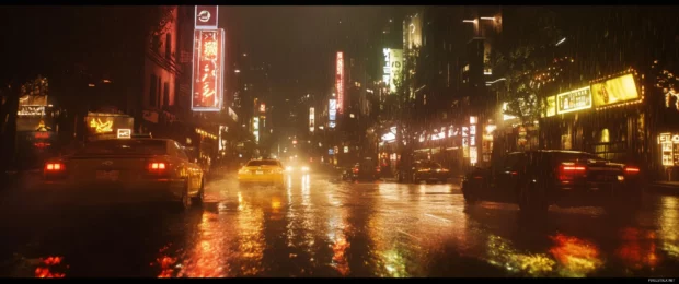 3440x1440 ultra wide view of a futuristic cityscape glowing with neon lights reflecting on rain soaked streets.