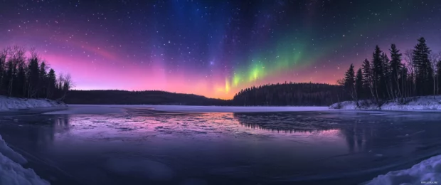 3440x1440 ultra wide wallpaper capturing vibrant auroras dancing over a frozen lake at night.
