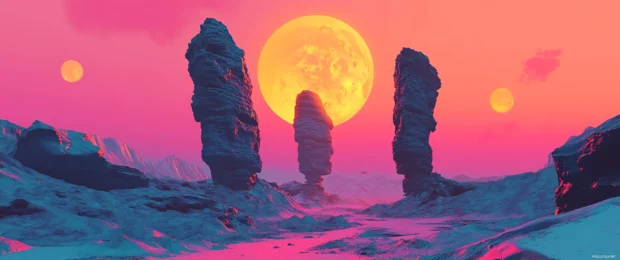 3440x1440 wallpaper featuring a surreal alien landscape with towering rock formations under twin suns.