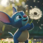3D Stitch blowing on a dandelion with fine particles floating realistically.