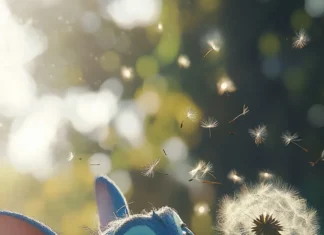 3D Stitch blowing on a dandelion with fine particles floating realistically.