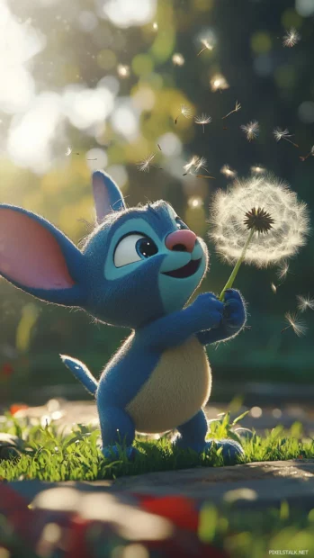 3D Stitch blowing on a dandelion with fine particles floating realistically.