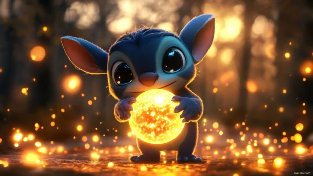 3D Stitch holding a glowing orb surrounded by magical light effects.