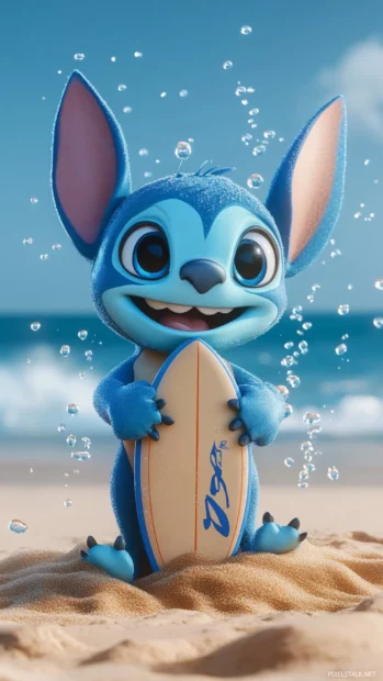 3D Stitch holding a small surfboard with water droplets and beach sand.