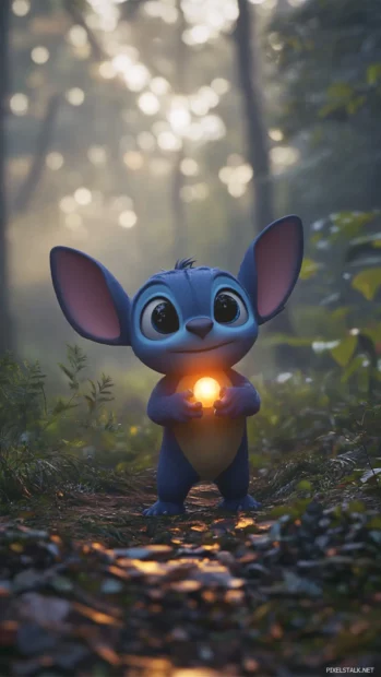 3D Stitch holding a tiny light orb standing in a misty forest.