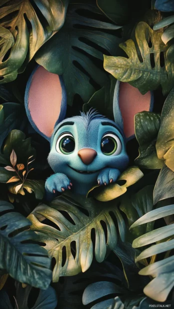 3D Stitch peeking through tropical leaves with fine detail on the foliage.