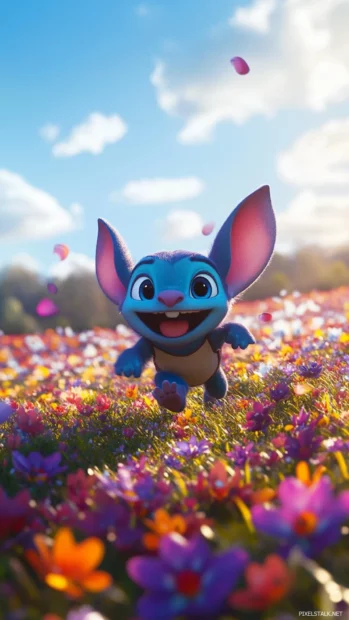 3D Stitch running across a field of flowers with detailed petals and shadows.