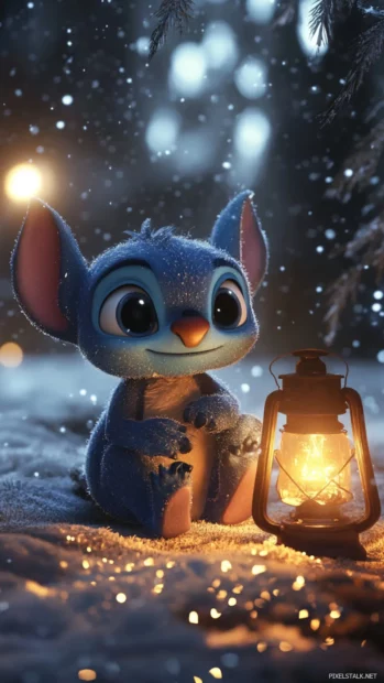 3D Stitch sitting beside a glowing lantern under softly falling snow.