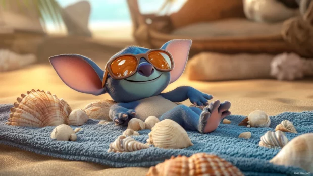 3D Stitch wearing sunglasses relaxing on a textured beach towel with seashells.