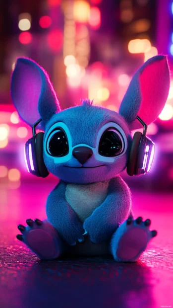 3D Stitch wearing tiny headphones with a soft neon glow in the background.